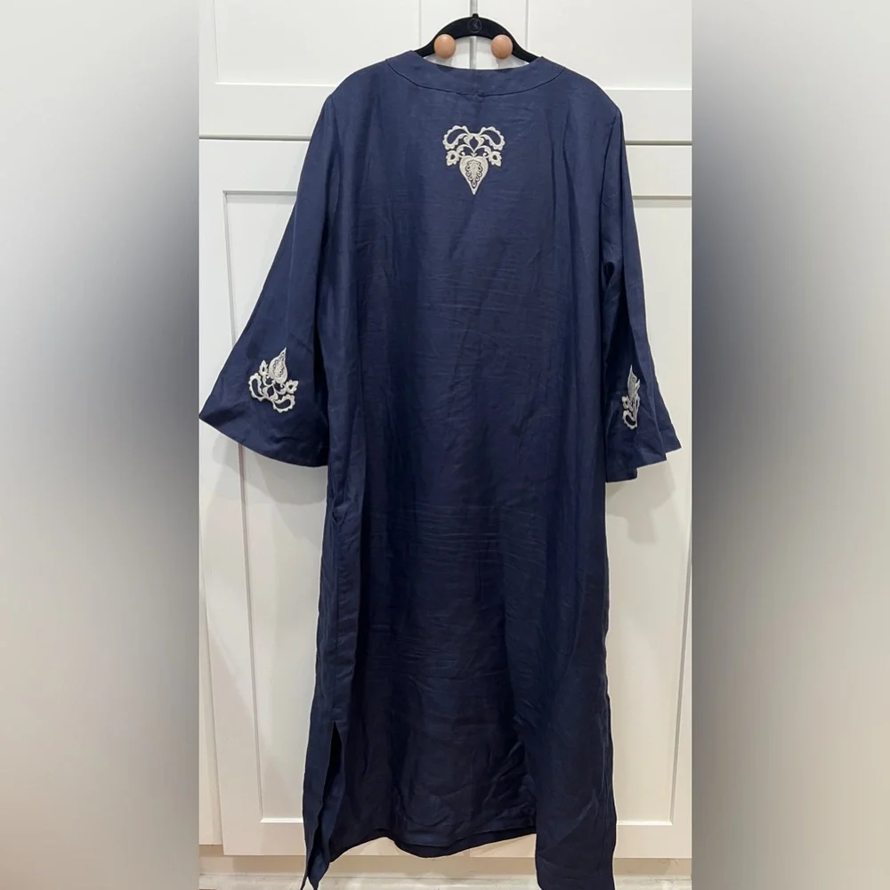 ULLA POPKEN DAMASK DETAIL SPLIT NECK SHORT SLEEVE DRESS, DARK MARINE, SIZE 20. - Picture 9 of 13